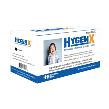 HygenX disposable headphone cushion covers box for bulk school headphones and headphones for education, 100 covers per pack.